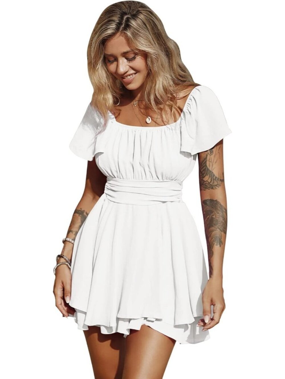 Women's White Summer Ruffle Short Sleeve Tie Back Square Neck A Line Jumpsuits